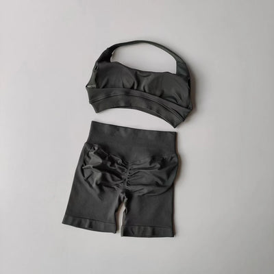 Sømløst 2-delt yogasett for damer – Halterneck sports-BH og shorts med høy støtdemping til treningsstudioet