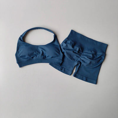 Sømløst 2-delt yogasett for damer – Halterneck sports-BH og shorts med høy støtdemping til treningsstudioet